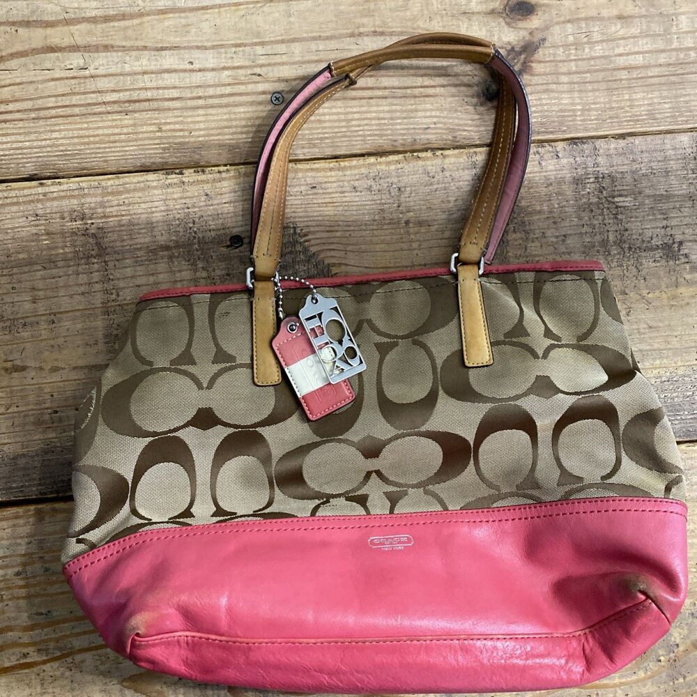 Coach 19354 Hampton Weekend Signature Brown & Pink Monogram Canvas Leather